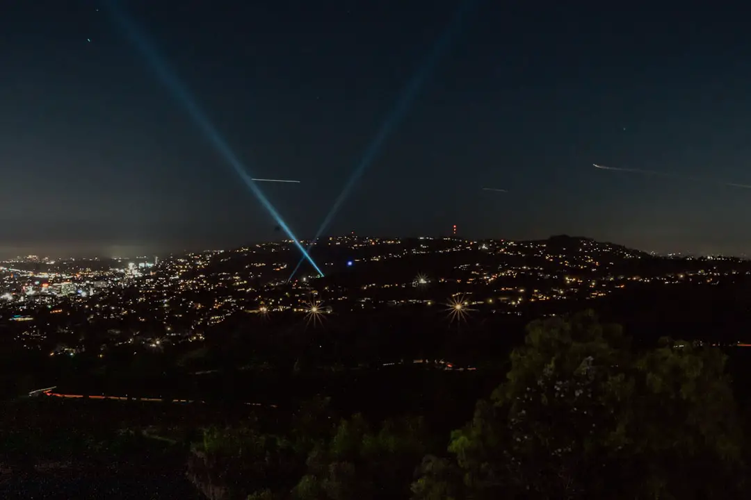 city lights turned on during night time